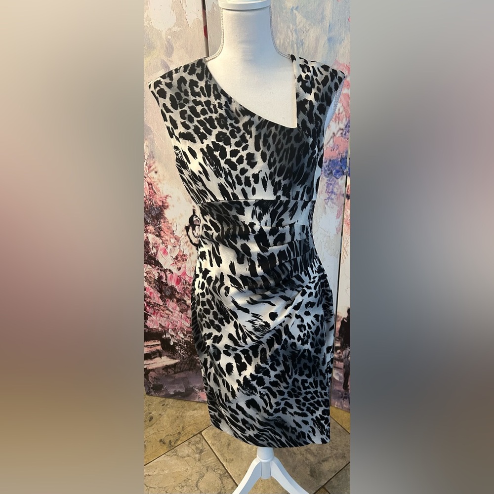 Cache - Animal Print Dress with Asymmetrical Neckline. Size 6.